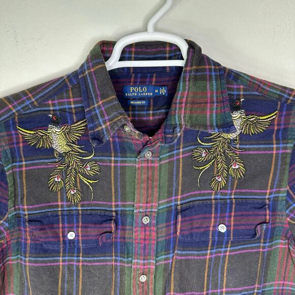 Polo Ralph Lauren Women's Medium Flannel Shirt Plaid Embroidered Peacock GUC - Picture 6 of 6